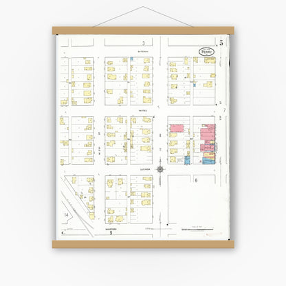Old map wall art mockup — magnetic wood frame on white wall — Sanborn Fire Insurance Map from Perry, Dallas County, Iowa (1918), Sheet #0005