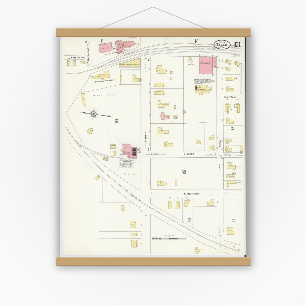 Old map wall art mockup — magnetic wood frame on white wall — Sanborn Fire Insurance Map from Tyler, Smith County, Texas (1912), Sheet #0013