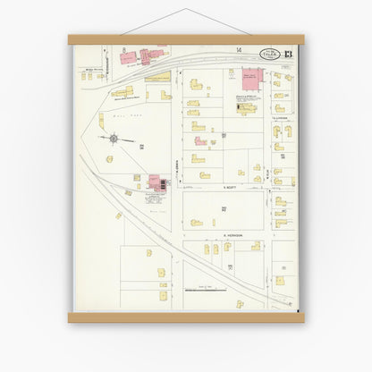 Old map wall art mockup — magnetic wood frame on white wall — Sanborn Fire Insurance Map from Tyler, Smith County, Texas (1912), Sheet #0013