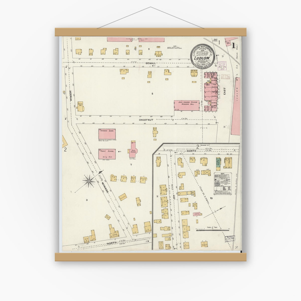 Old map wall art mockup — magnetic wood frame on white wall — Sanborn Fire Insurance Map from Ludlow, Hampden County, Massachusetts (1906) - Complete Map Set