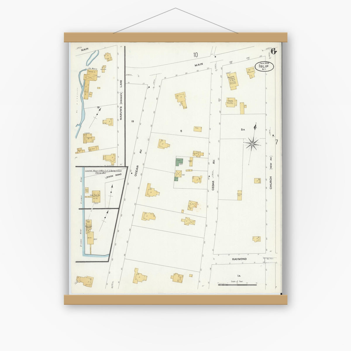 Old map wall art mockup — magnetic wood frame on white wall — Sanborn Fire Insurance Map from Islip, Suffolk County, New York (1909), Sheet #0006