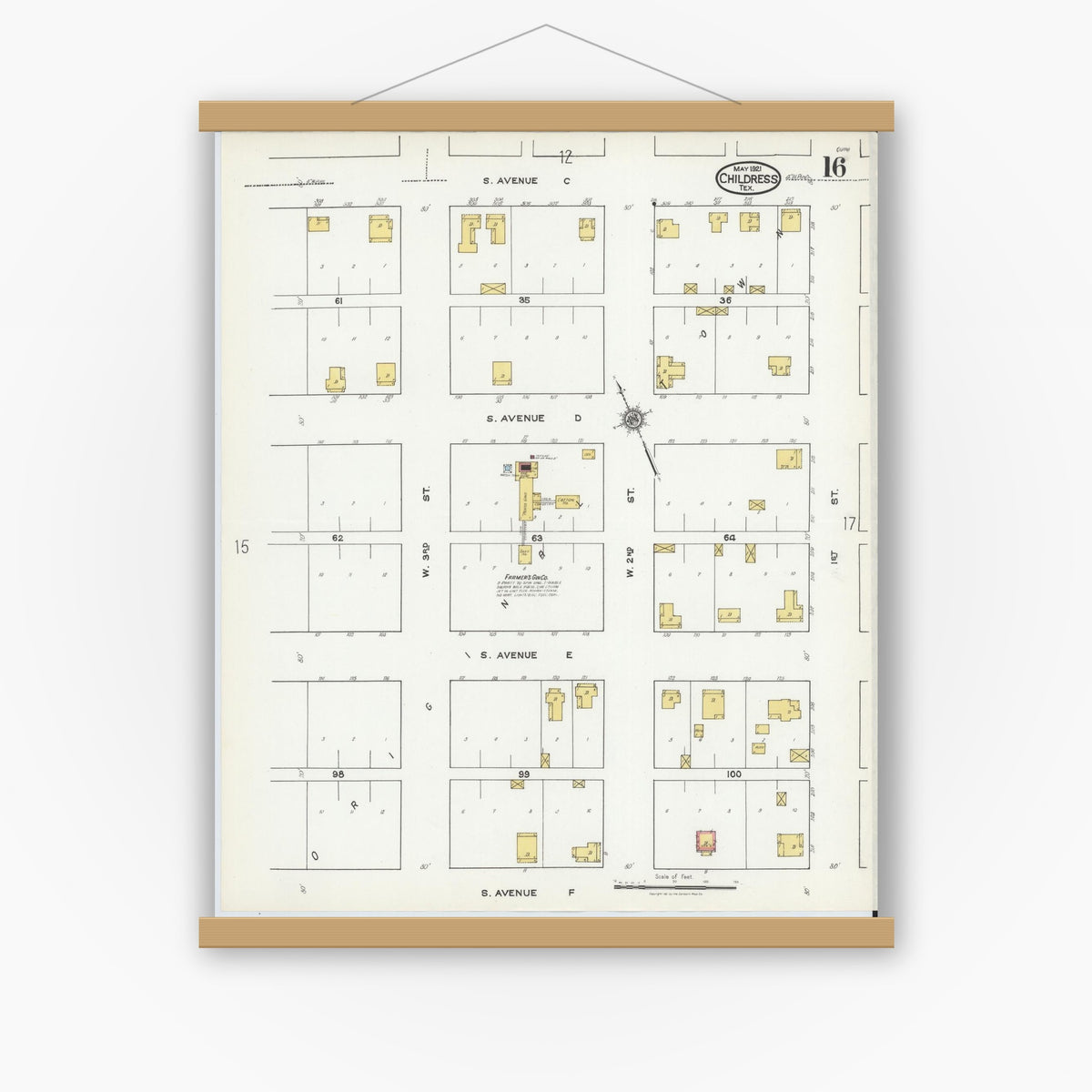 Old map wall art mockup — magnetic wood frame on white wall — Sanborn Fire Insurance Map from Childress, Childress County, Texas (1921), Sheet #0016