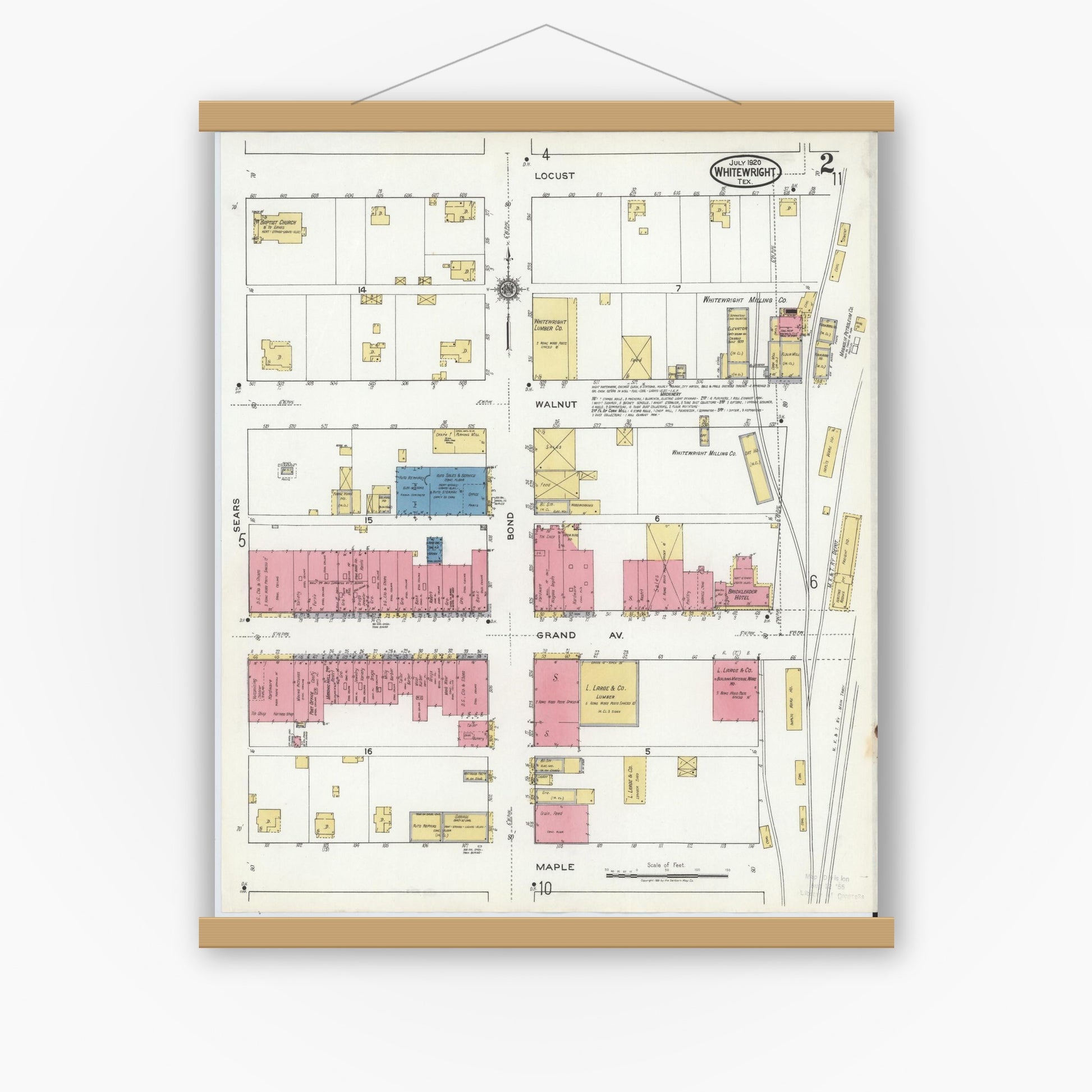 Old map wall art mockup — magnetic wood frame on white wall — Sanborn Fire Insurance Map from Whitewright, Grayson County, Texas (1920), Sheet #0002