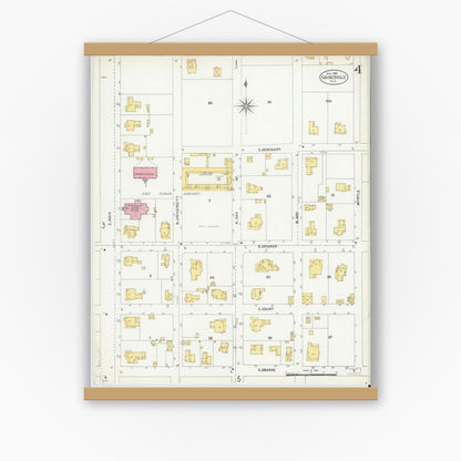 Old map wall art mockup — magnetic wood frame on white wall — Sanborn Fire Insurance Map from Gainesville, Alachua County, Florida (1903), Sheet #0004