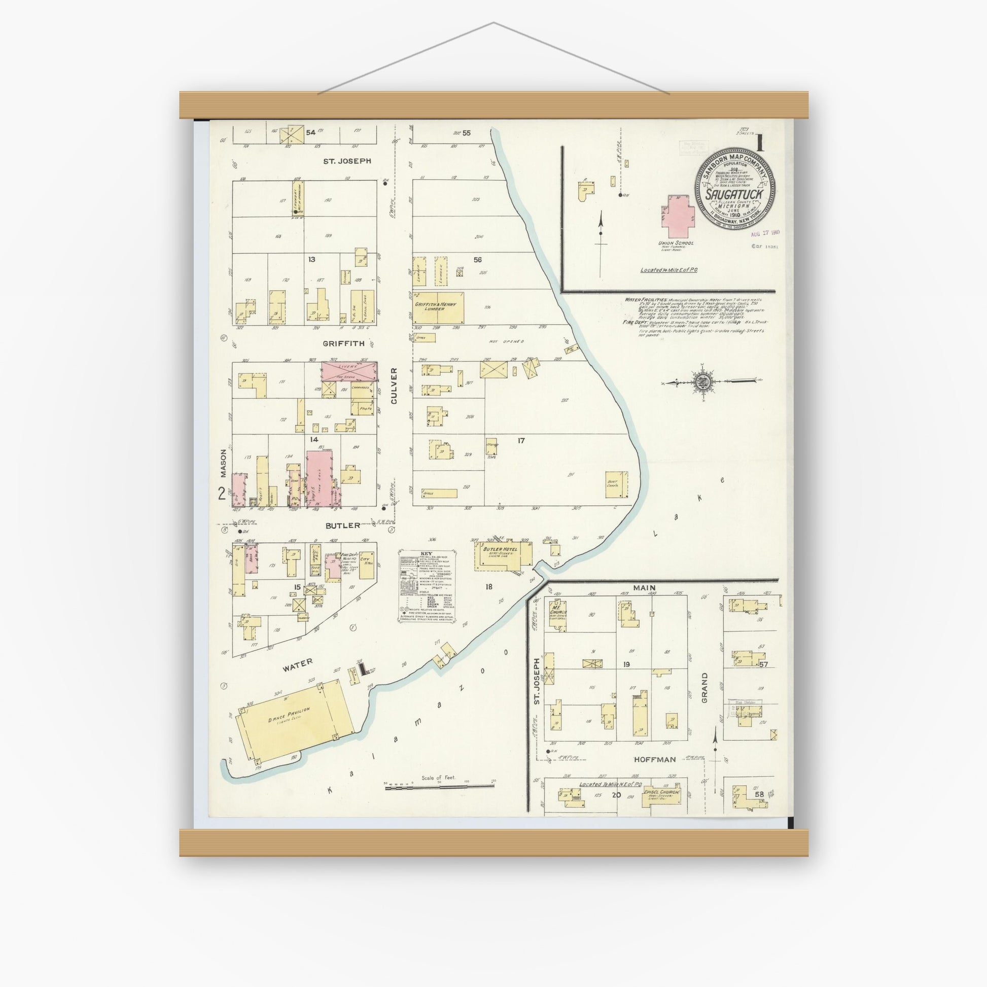 Old map wall art mockup — magnetic wood frame on white wall — Sanborn Fire Insurance Map from Saugatuck, Allegan County, Michigan (1910) - Complete Map Set