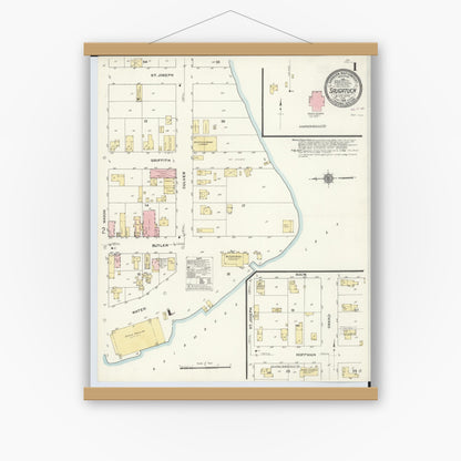 Old map wall art mockup — magnetic wood frame on white wall — Sanborn Fire Insurance Map from Saugatuck, Allegan County, Michigan (1910) - Complete Map Set