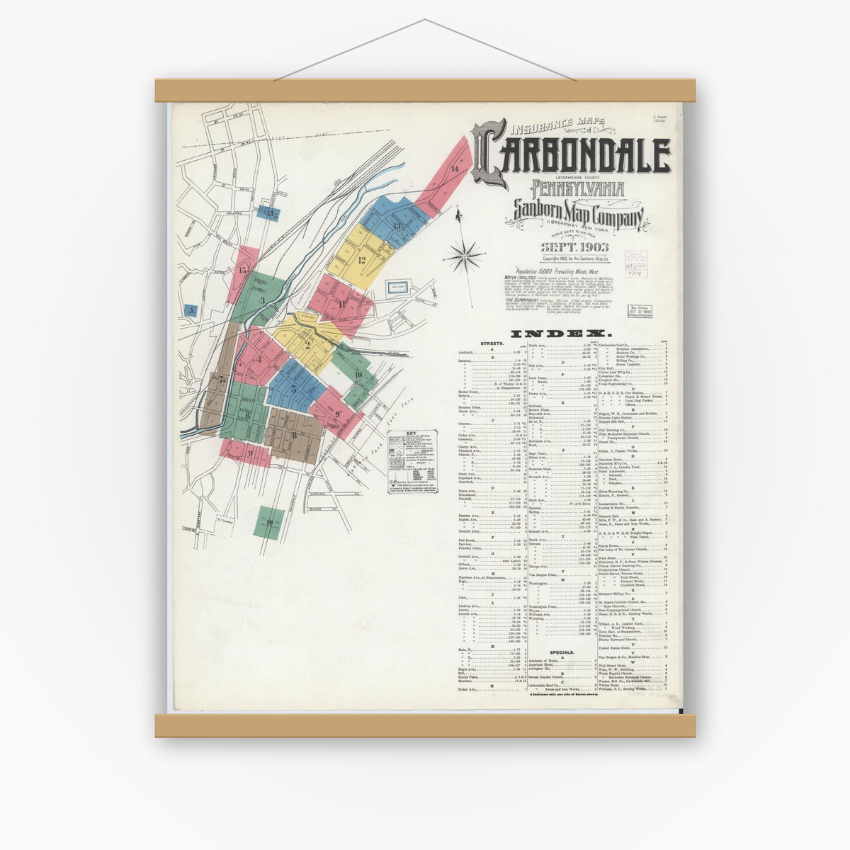 Old map wall art mockup — magnetic wood frame on white wall — Sanborn Fire Insurance Map from Carbondale, Lackawanna County, Pennsylvania (1903) - Complete Map Set