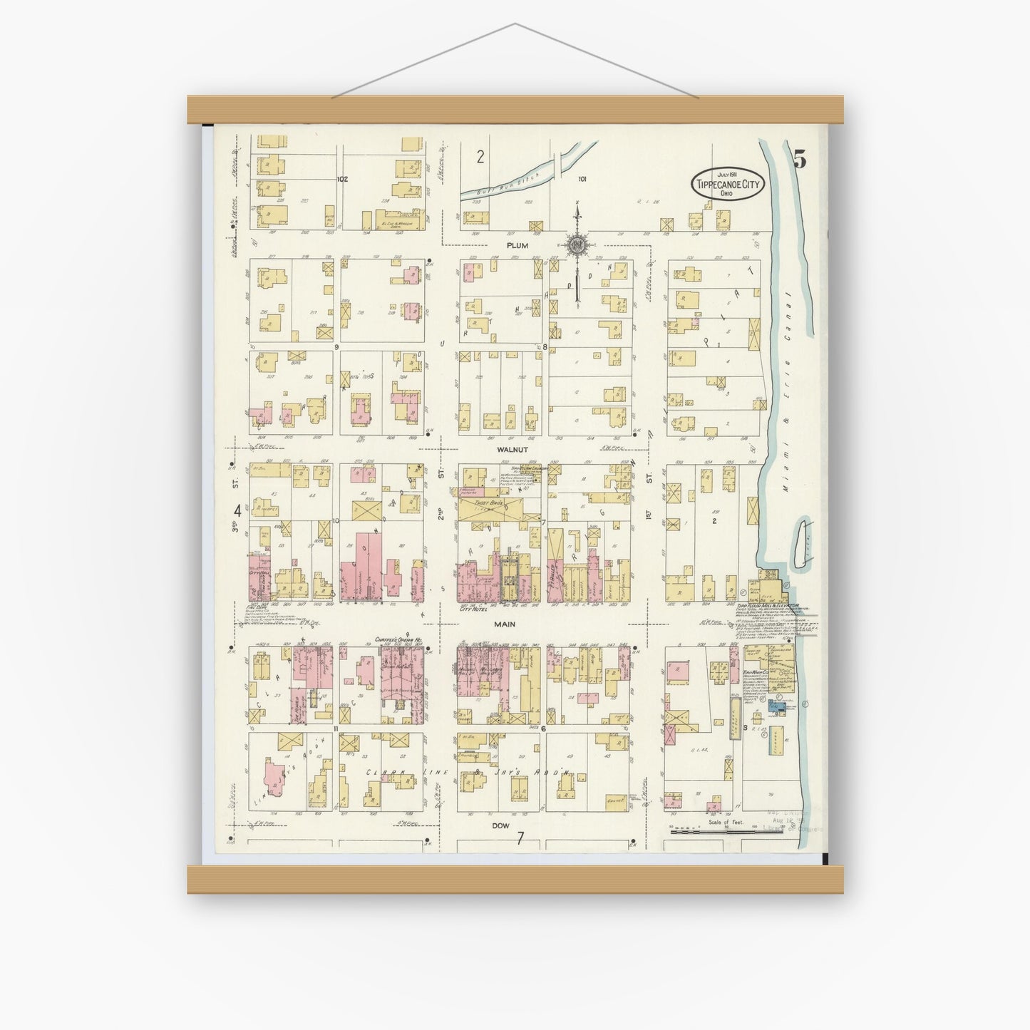 Old map wall art mockup — magnetic wood frame on white wall — Sanborn Fire Insurance Map from Tipp City, Miami County, Ohio (1911), Sheet #0005