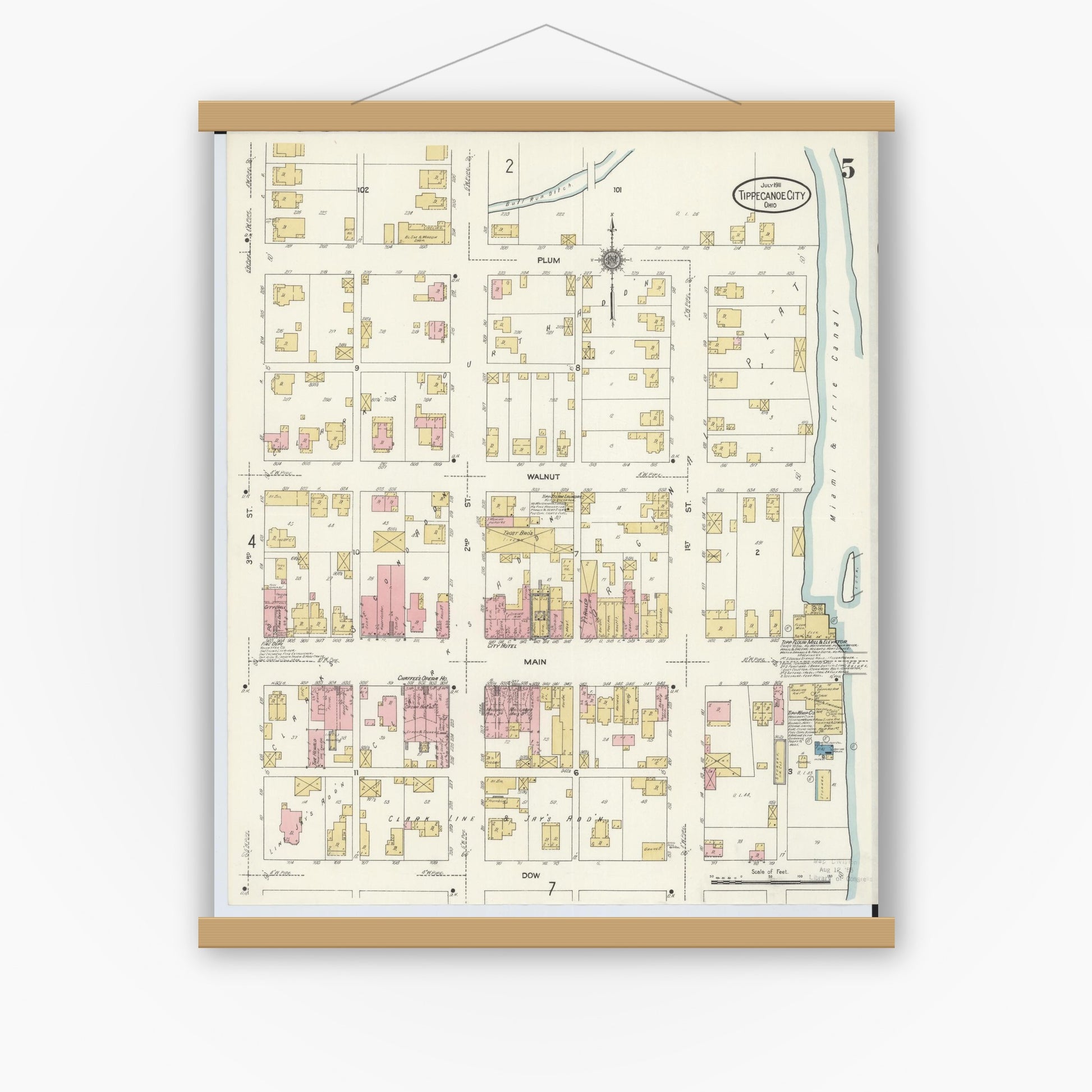 Old map wall art mockup — magnetic wood frame on white wall — Sanborn Fire Insurance Map from Tipp City, Miami County, Ohio (1911), Sheet #0005