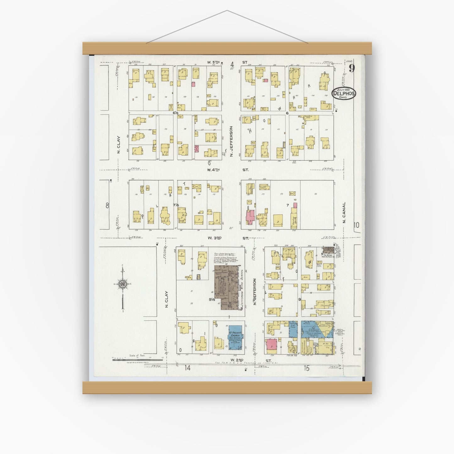 Old map wall art mockup — magnetic wood frame on white wall — Sanborn Fire Insurance Map from Delphos, Van Wert And Allen Counties, Ohio (1921), Sheet #0009