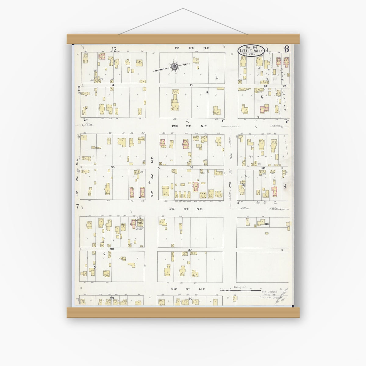 Old map wall art mockup — magnetic wood frame on white wall — Sanborn Fire Insurance Map from Little Falls, Morrison County, Minnesota (1909), Sheet #0008