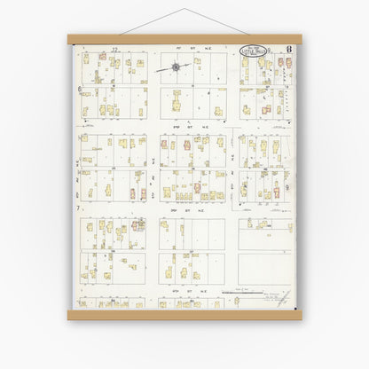 Old map wall art mockup — magnetic wood frame on white wall — Sanborn Fire Insurance Map from Little Falls, Morrison County, Minnesota (1909), Sheet #0008
