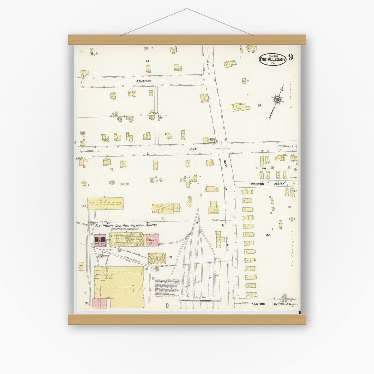 Old map wall art mockup — magnetic wood frame on white wall — Sanborn Fire Insurance Map from Port Allegany, McKean County, Pennsylvania (1909), Sheet #0009