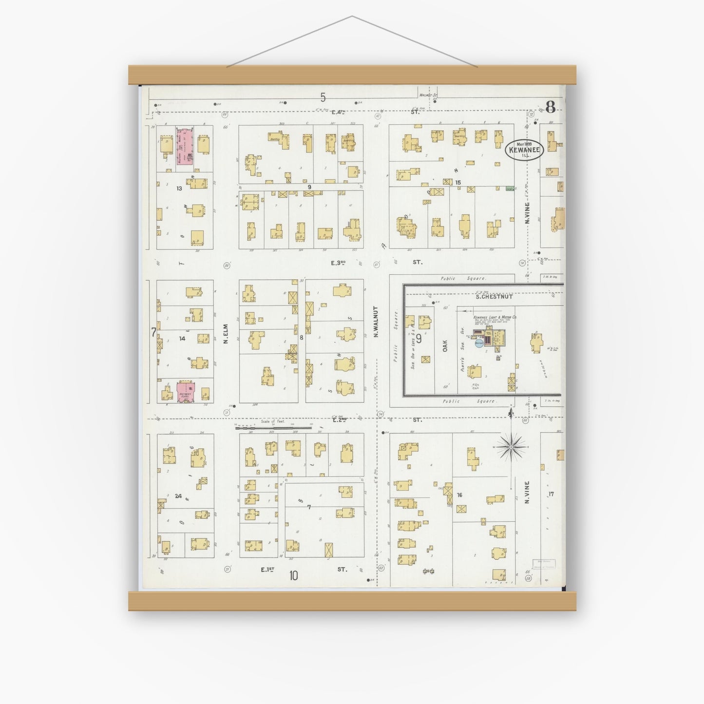 Old map wall art mockup — magnetic wood frame on white wall — Sanborn Fire Insurance Map from Kewanee, Henry County, Illinois (1899), Sheet #0008