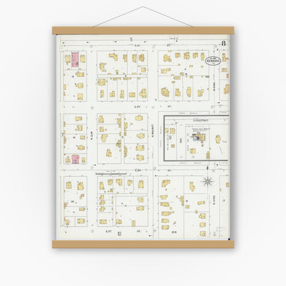 Old map wall art mockup — magnetic wood frame on white wall — Sanborn Fire Insurance Map from Kewanee, Henry County, Illinois (1899), Sheet #0008