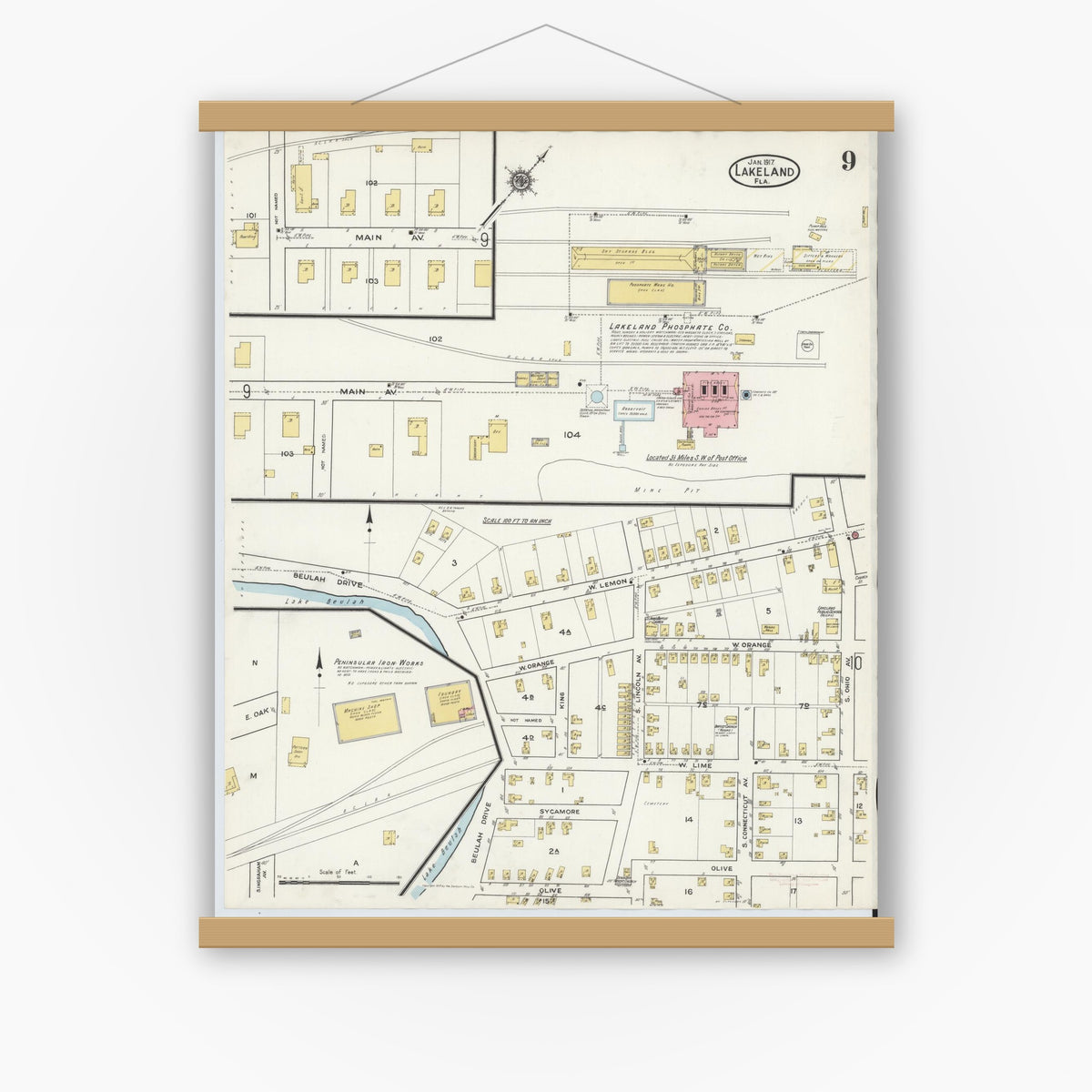 Old map wall art mockup — magnetic wood frame on white wall — Sanborn Fire Insurance Map from Lakeland, Polk County, Florida (1917), Sheet #0009