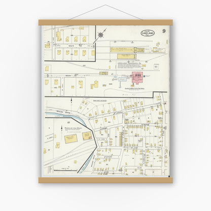 Old map wall art mockup — magnetic wood frame on white wall — Sanborn Fire Insurance Map from Lakeland, Polk County, Florida (1917), Sheet #0009