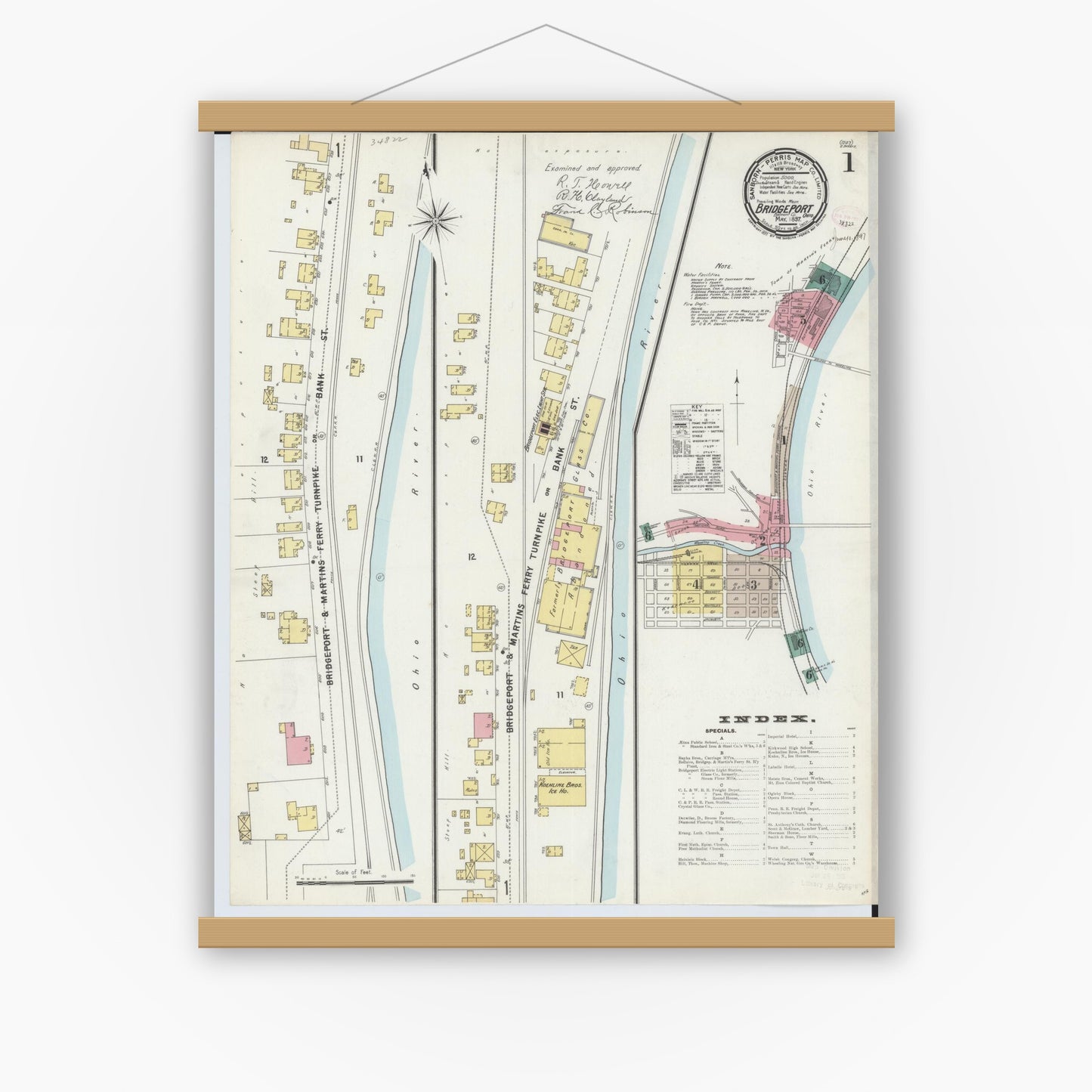 Old map wall art mockup — magnetic wood frame on white wall — Sanborn Fire Insurance Map from Bridgeport, Belmont County, Ohio (1897), Sheet #0001