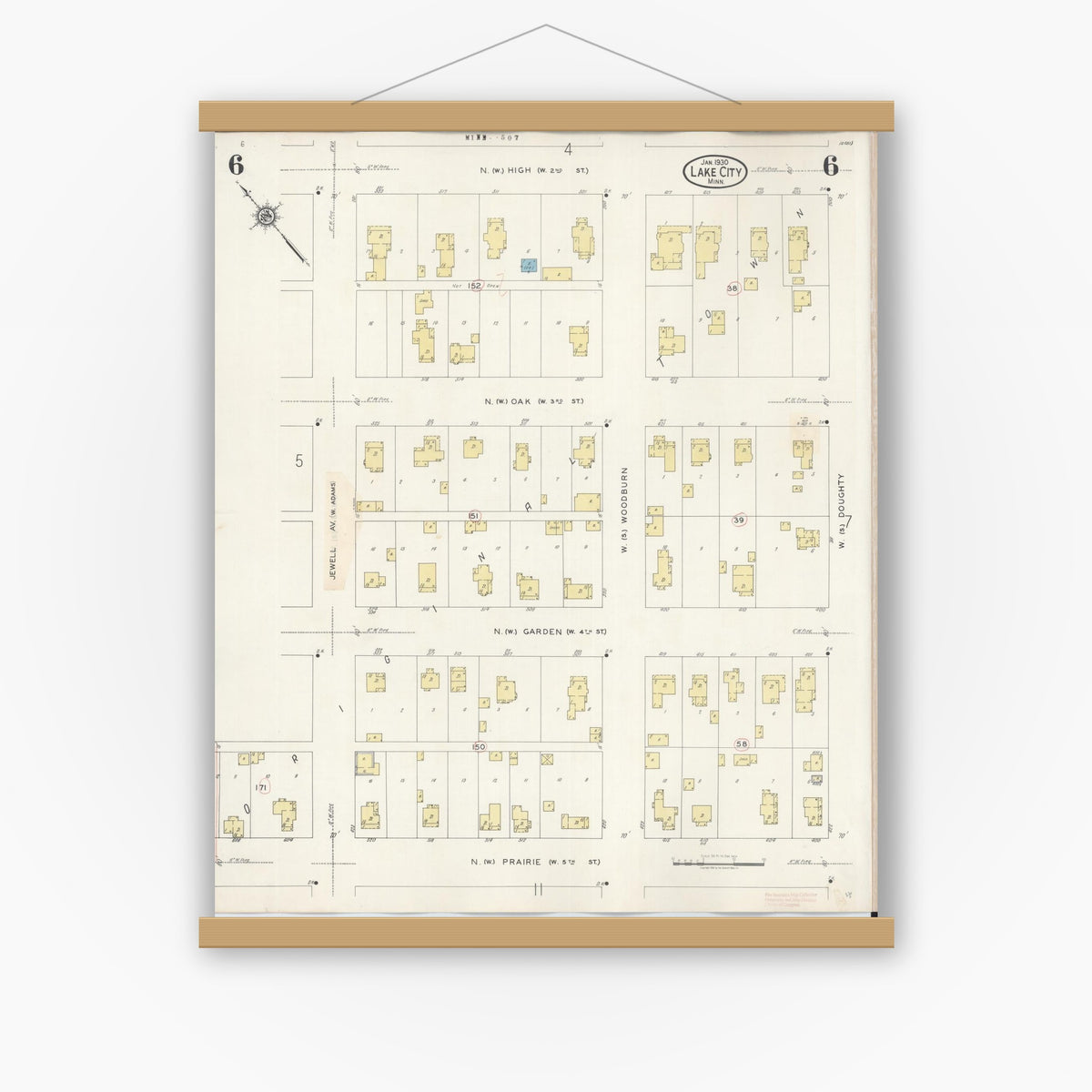 Old map wall art mockup — magnetic wood frame on white wall — Sanborn Fire Insurance Map from Lake City, Wabasha County, Minnesota (1938), Sheet #0006
