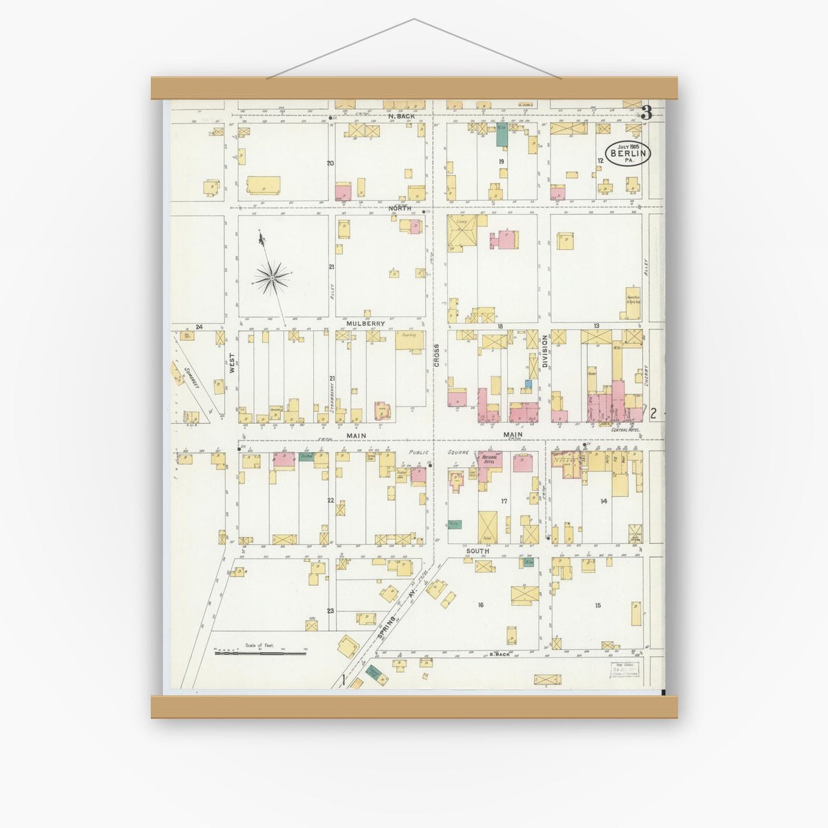 Old map wall art mockup — magnetic wood frame on white wall — Sanborn Fire Insurance Map from Berlin, Somerset County, Pennsylvania (1905), Sheet #0003