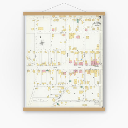 Old map wall art mockup — magnetic wood frame on white wall — Sanborn Fire Insurance Map from Berlin, Somerset County, Pennsylvania (1905), Sheet #0003