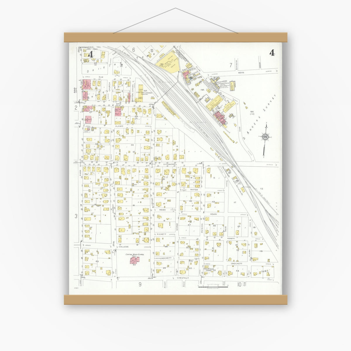Old map wall art mockup — magnetic wood frame on white wall — Sanborn Fire Insurance Map from Commerce, Hunt County, Texas (1933), Sheet #0004