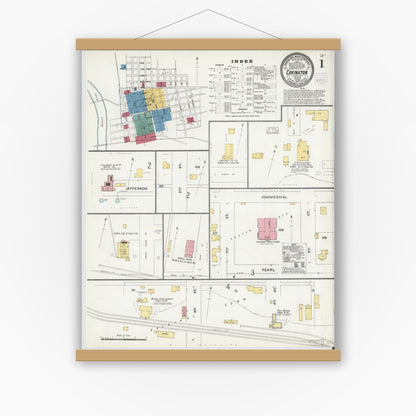 Old map wall art mockup — magnetic wood frame on white wall — Sanborn Fire Insurance Map from Covington, Fountain County, Indiana (1905), Sheet #0001