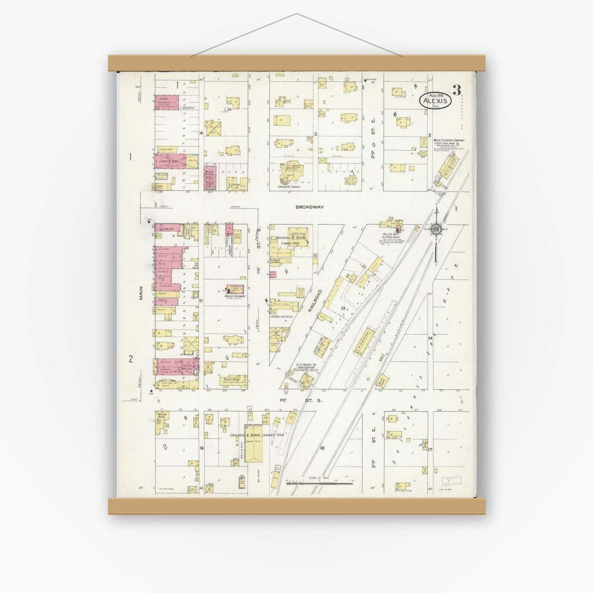Old map wall art mockup — magnetic wood frame on white wall — Sanborn Fire Insurance Map from Alexis, Warren County, Illinois (1913), Sheet #0003