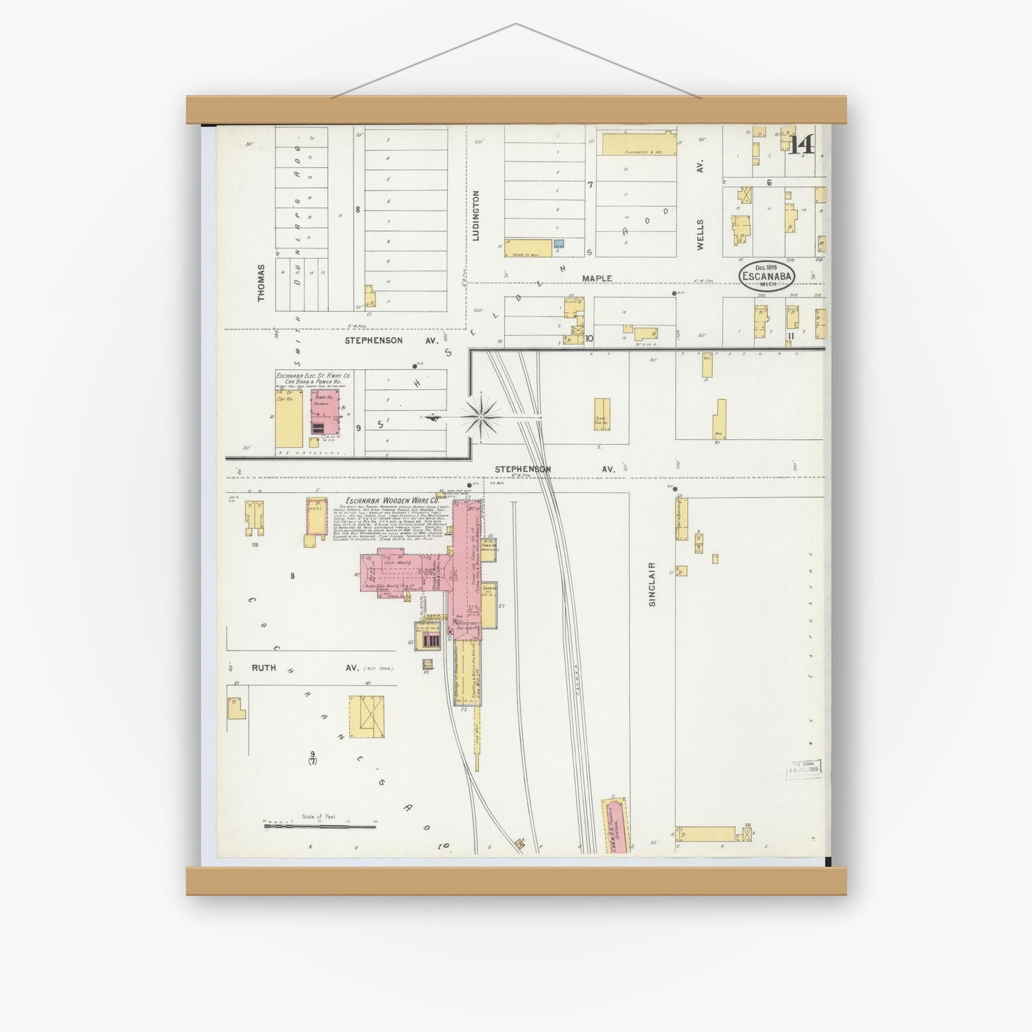Old map wall art mockup — magnetic wood frame on white wall — Sanborn Fire Insurance Map from Escanaba, Delta County, Michigan (1899), Sheet #0014