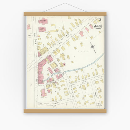 Old map wall art mockup — magnetic wood frame on white wall — Sanborn Fire Insurance Map from North East, Erie County, Pennsylvania (1912), Sheet #0003