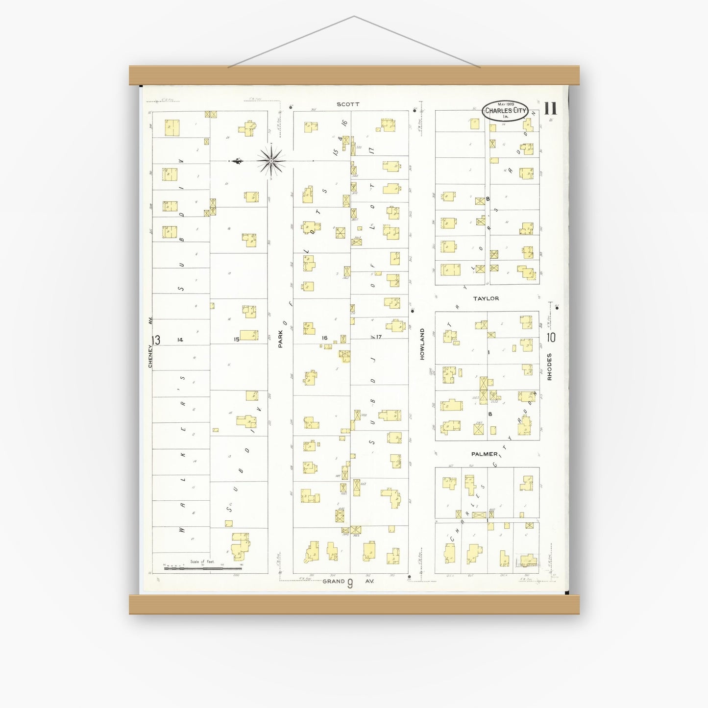 Old map wall art mockup — magnetic wood frame on white wall — Sanborn Fire Insurance Map from Charles City, Floyd County, Iowa (1909), Sheet #0011