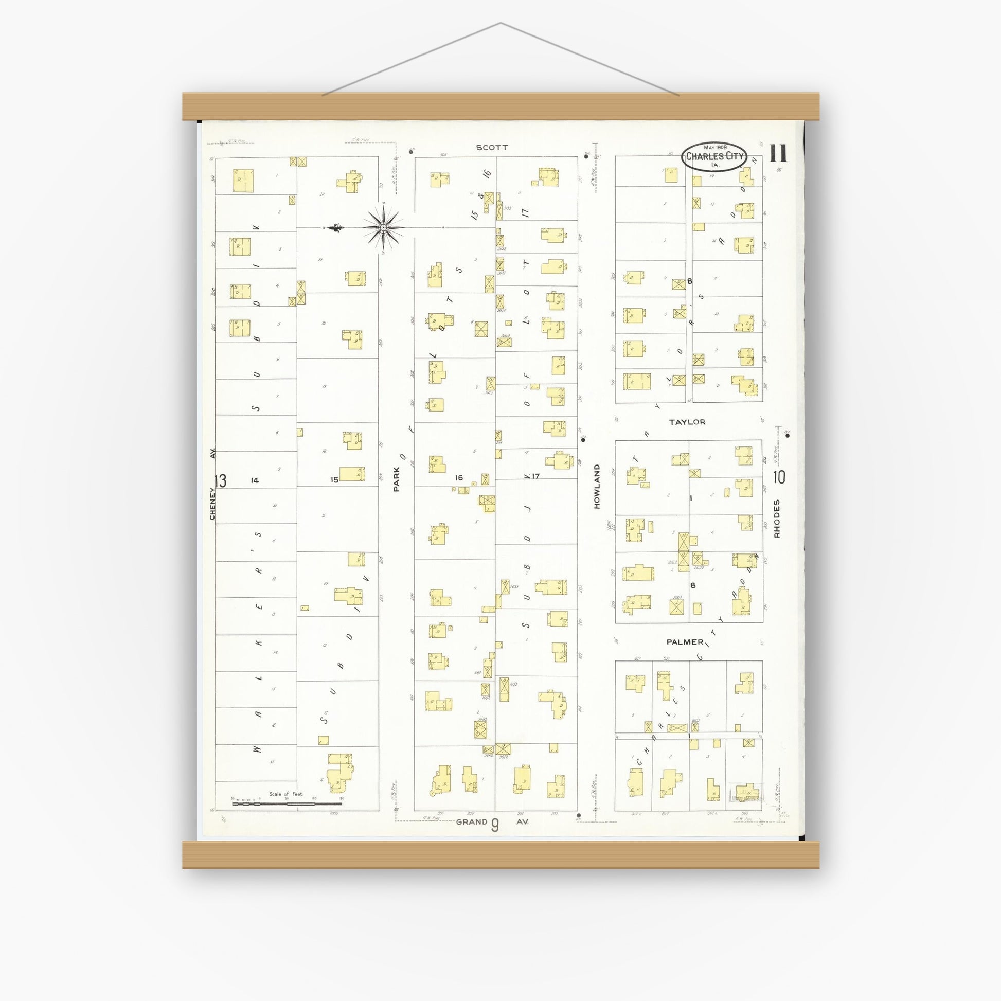 Old map wall art mockup — magnetic wood frame on white wall — Sanborn Fire Insurance Map from Charles City, Floyd County, Iowa (1909), Sheet #0011