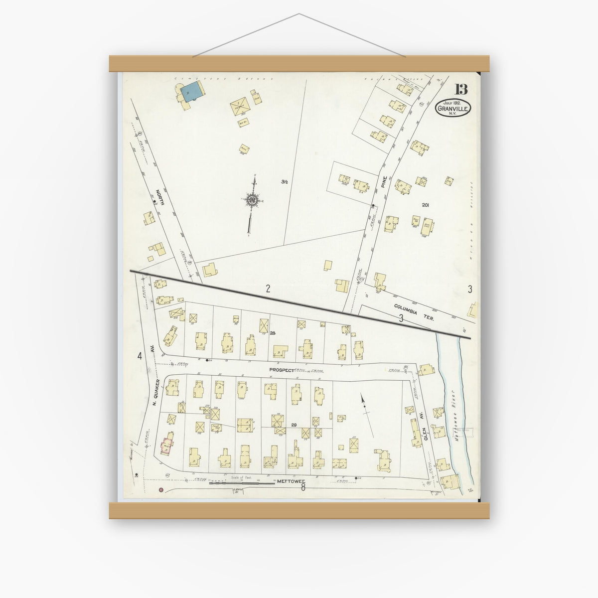 Old map wall art mockup — magnetic wood frame on white wall — Sanborn Fire Insurance Map from Granville, Washington County, New York (1912), Sheet #0013