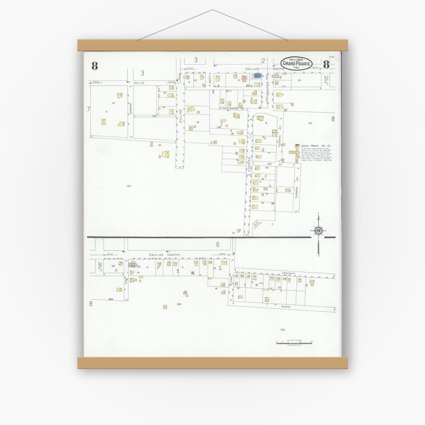 Old map wall art mockup — magnetic wood frame on white wall — Sanborn Fire Insurance Map from Grand Prairie, Dallas County, Texas (1929), Sheet #0008