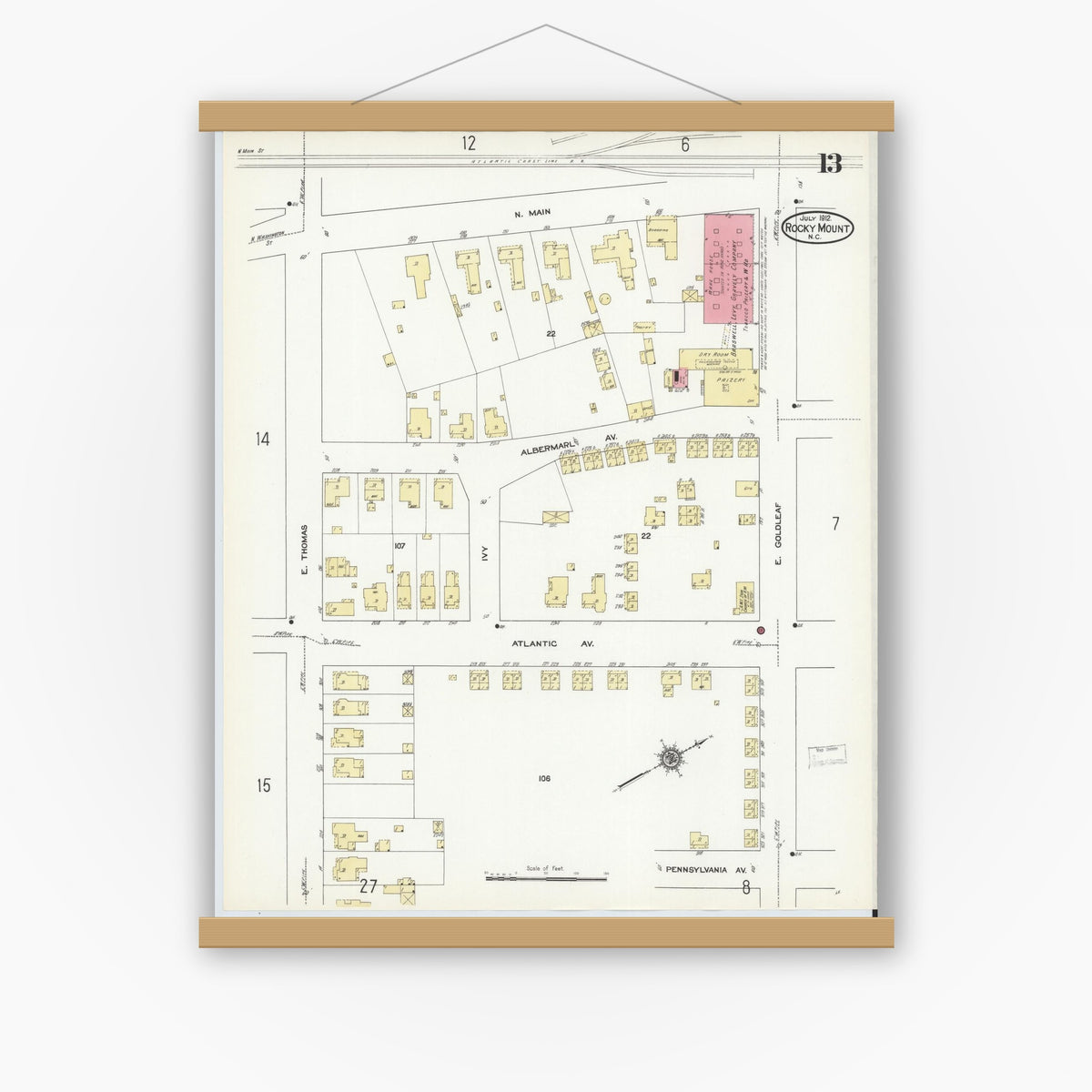 Old map wall art mockup — magnetic wood frame on white wall — Sanborn Fire Insurance Map from Rocky Mount, Edgecombe And Nash Counties, North Carolina (1912), Sheet #0013