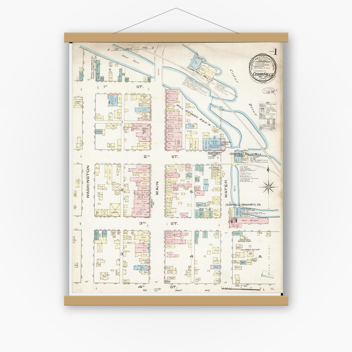 Old map wall art mockup — magnetic wood frame on white wall — Sanborn Fire Insurance Map from Cedar Falls, Black Hawk County, Iowa (1885) â€” Complete Set