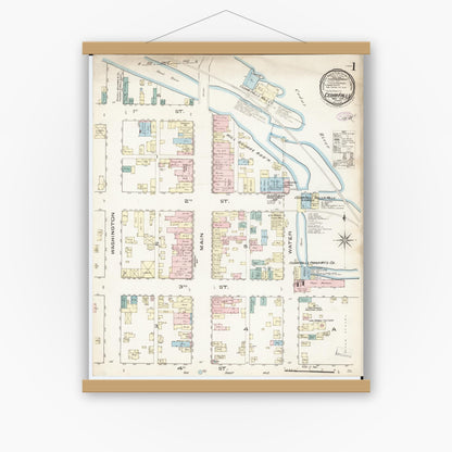 Old map wall art mockup — magnetic wood frame on white wall — Sanborn Fire Insurance Map from Cedar Falls, Black Hawk County, Iowa (1885) â€” Complete Set