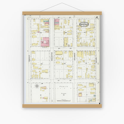 Old map wall art mockup — magnetic wood frame on white wall — Sanborn Fire Insurance Map from Grand Haven, Ottawa County, Michigan (1892), Sheet #0004