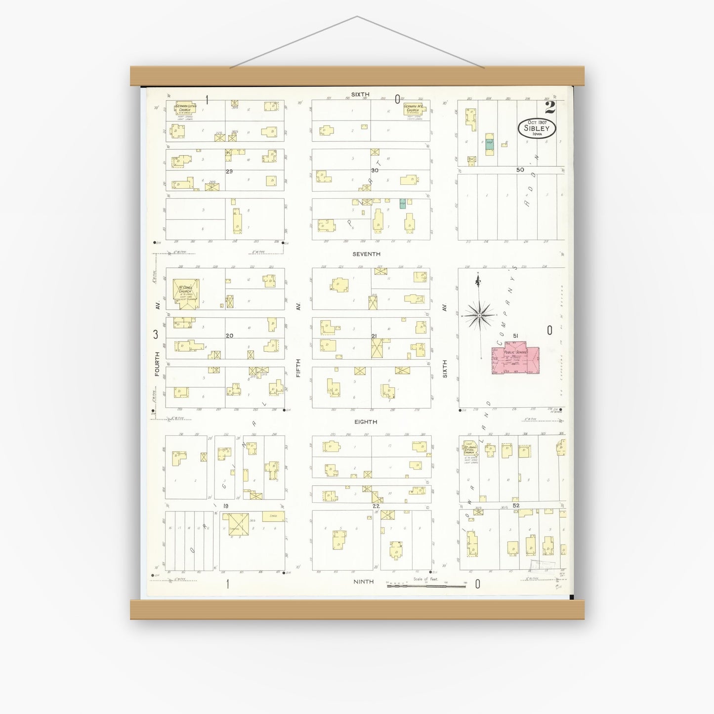 Old map wall art mockup — magnetic wood frame on white wall — Sanborn Fire Insurance Map from Sibley, Osceola County, Iowa (1907), Sheet #0002