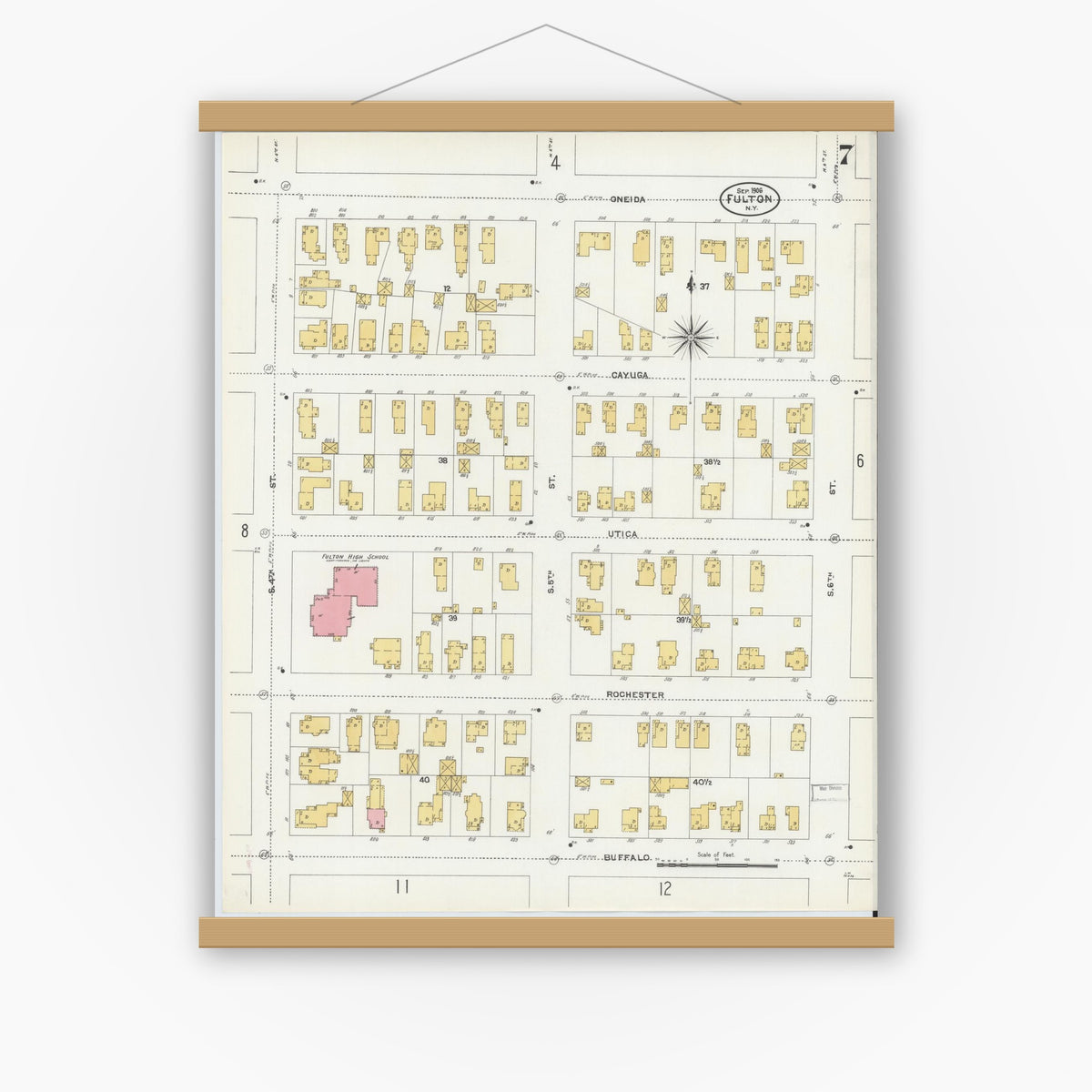 Old map wall art mockup — magnetic wood frame on white wall — Sanborn Fire Insurance Map from Fulton, Oswego County, New York (1906), Sheet #0007
