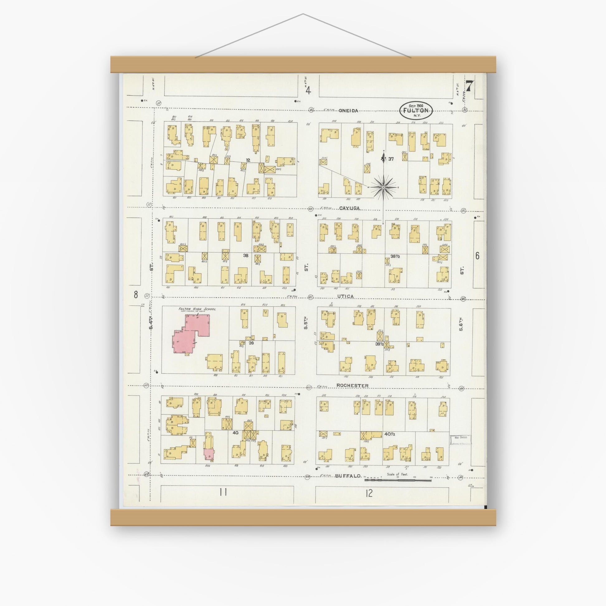 Old map wall art mockup — magnetic wood frame on white wall — Sanborn Fire Insurance Map from Fulton, Oswego County, New York (1906), Sheet #0007