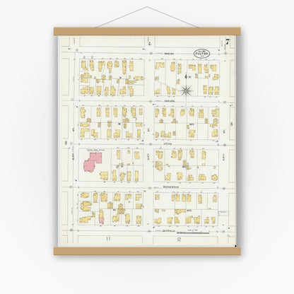 Old map wall art mockup — magnetic wood frame on white wall — Sanborn Fire Insurance Map from Fulton, Oswego County, New York (1906), Sheet #0007