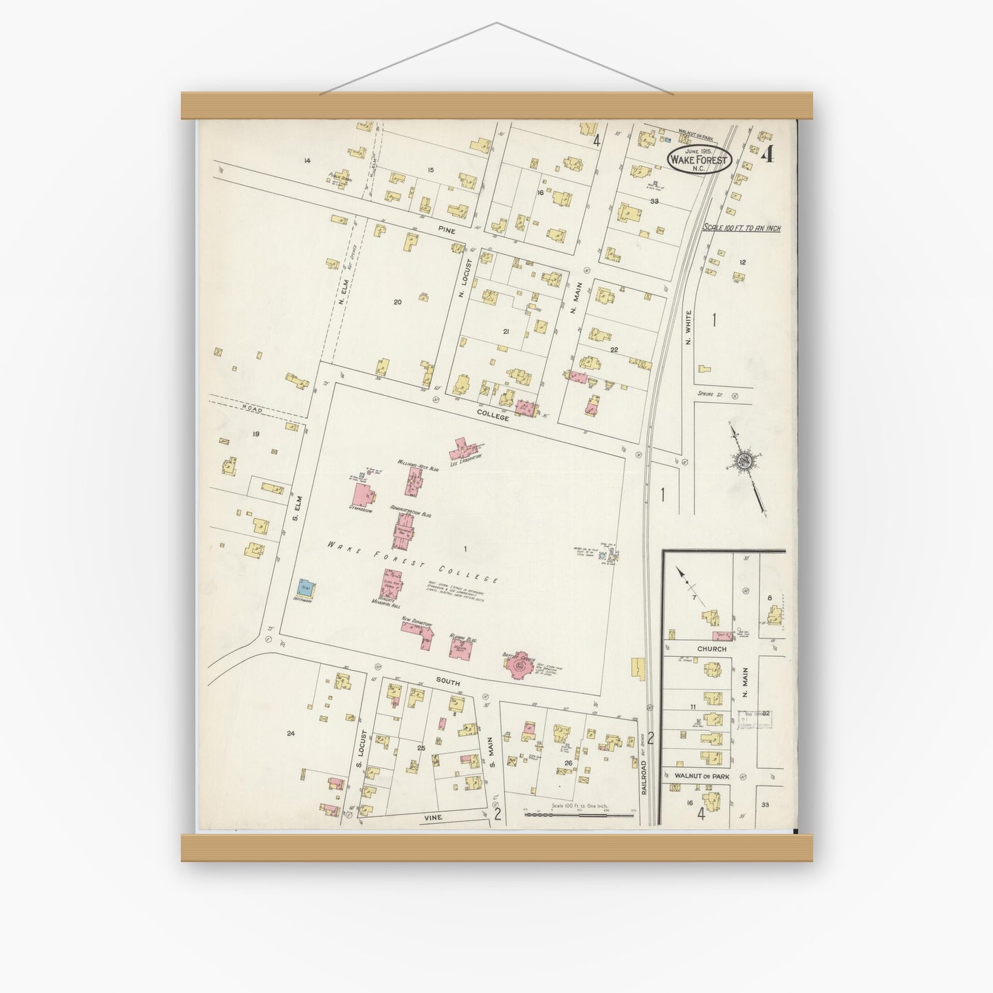 Old map wall art mockup — magnetic wood frame on white wall — Sanborn Fire Insurance Map from Wake Forest, Wake County, North Carolina (1915), Sheet #0004