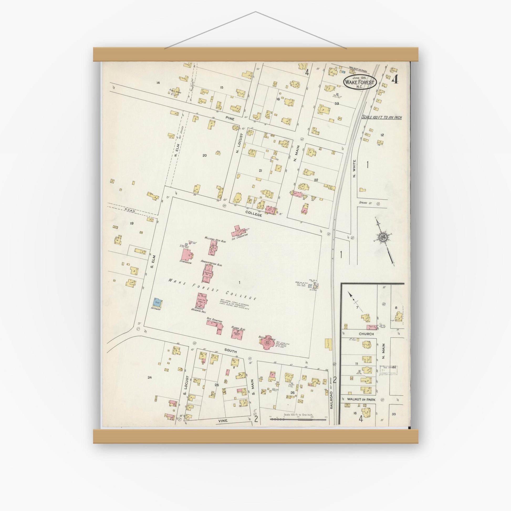 Old map wall art mockup — magnetic wood frame on white wall — Sanborn Fire Insurance Map from Wake Forest, Wake County, North Carolina (1915), Sheet #0004