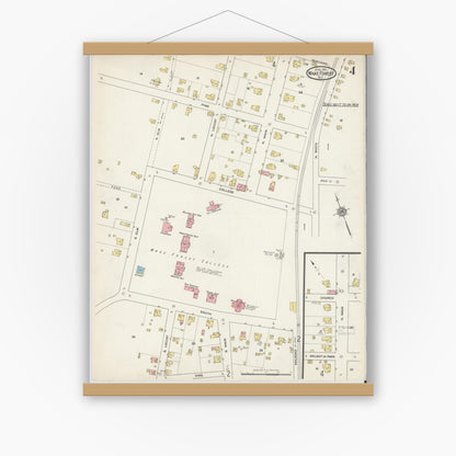 Old map wall art mockup — magnetic wood frame on white wall — Sanborn Fire Insurance Map from Wake Forest, Wake County, North Carolina (1915), Sheet #0004
