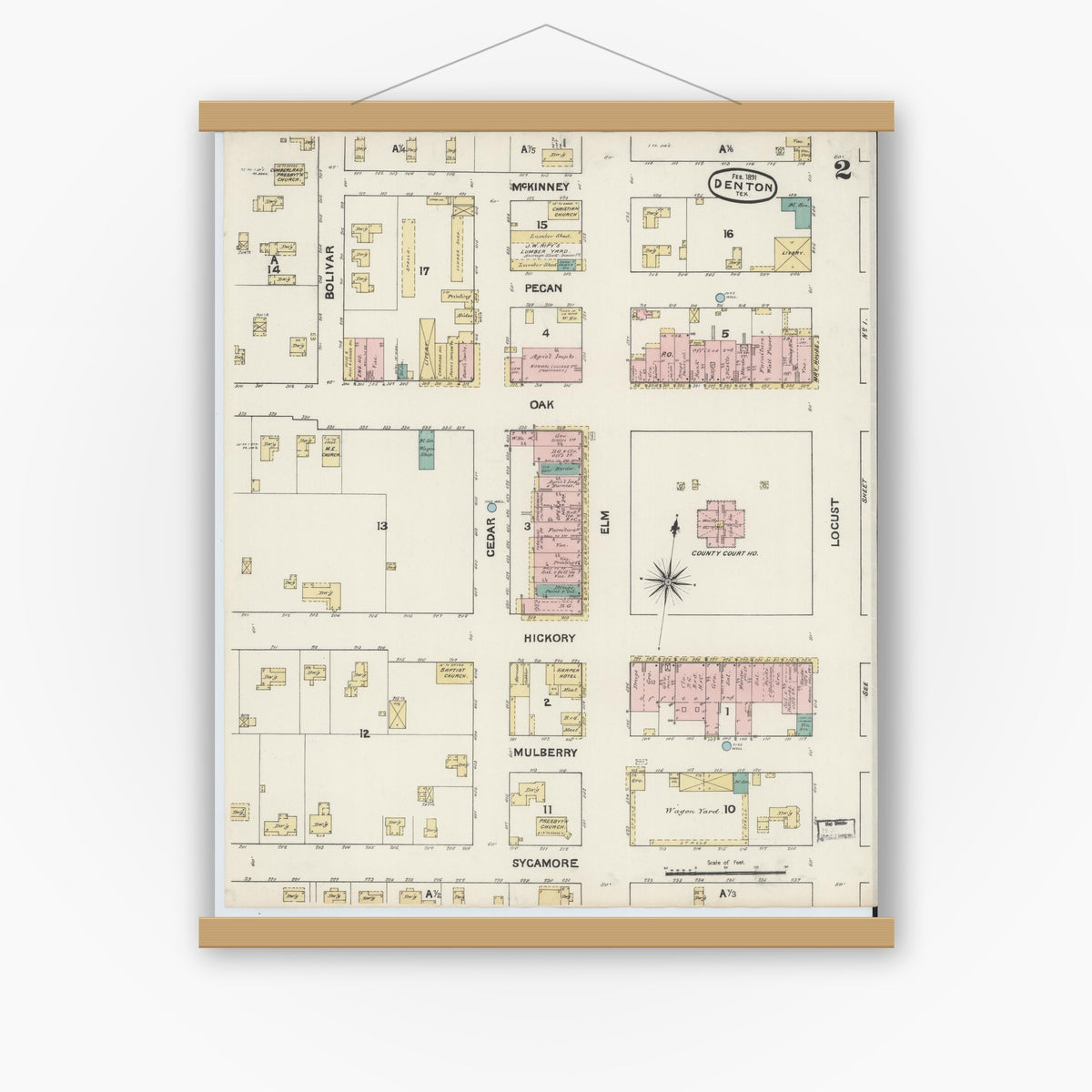 Old map wall art mockup — magnetic wood frame on white wall — Sanborn Fire Insurance Map from Denton, Denton County, Texas (1891), Sheet #0002