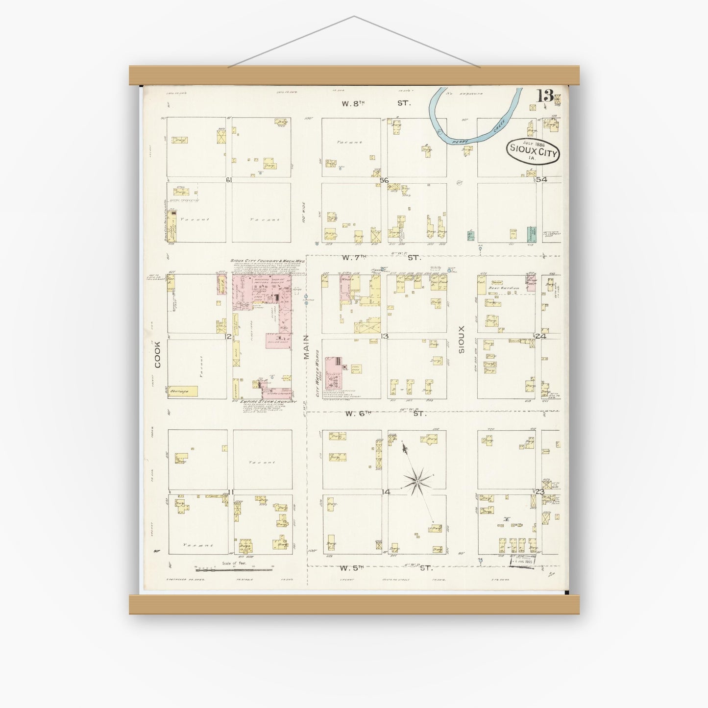 Old map wall art mockup — magnetic wood frame on white wall — Sanborn Fire Insurance Map from Sioux City, Woodbury County, Iowa (1886), Sheet #0013