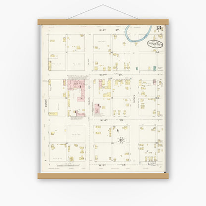 Old map wall art mockup — magnetic wood frame on white wall — Sanborn Fire Insurance Map from Sioux City, Woodbury County, Iowa (1886), Sheet #0013
