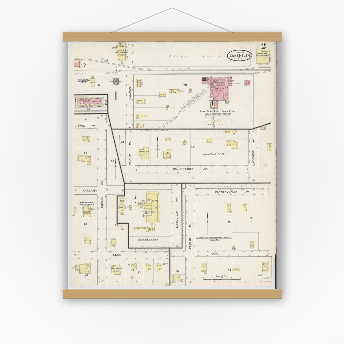 Old map wall art mockup — magnetic wood frame on white wall — Sanborn Fire Insurance Map from Lake Helen, Volusia County, Florida (1915), Sheet #0002