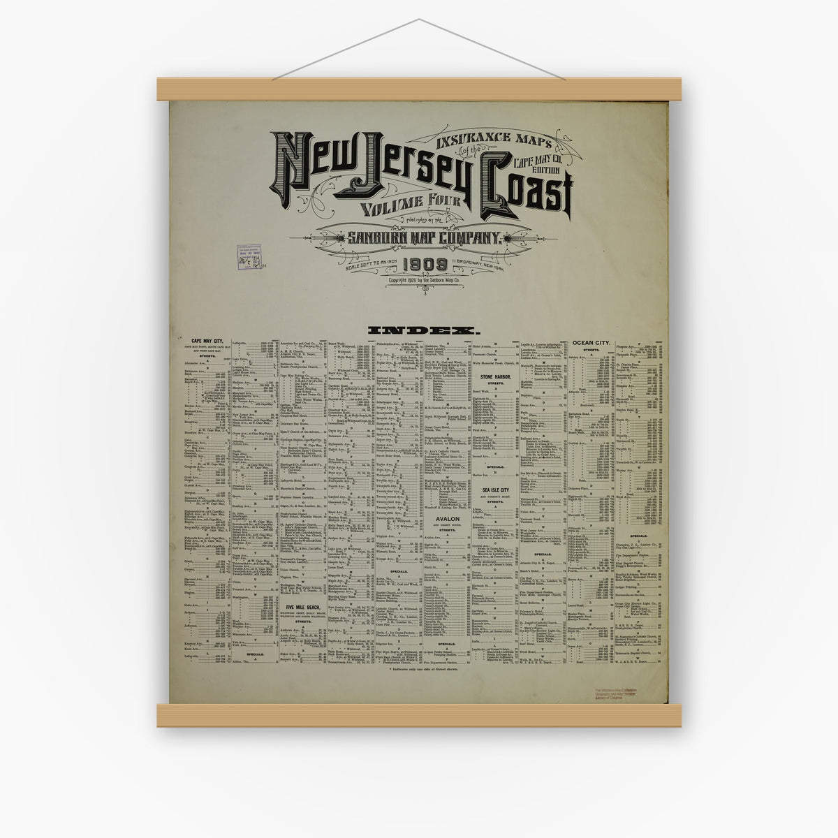 Old map wall art mockup — magnetic wood frame on white wall — Sanborn Fire Insurance Map from New Jersey Coast, New Jersey Coast, New Jersey (1909), Sheet #0001